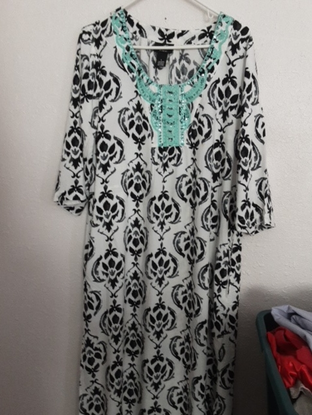 Women's Black & White Patterned Dress with Mint Embellished Neckline